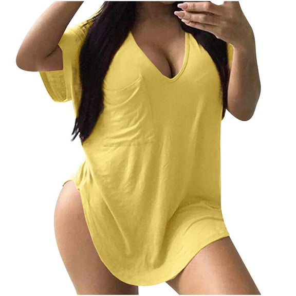 PUMISAS Oversized T-Shirt For Women Casual Loose Solid Color Tops V-Neck Pullover Short Sleeve Loose Tunic Blouses With Pocket