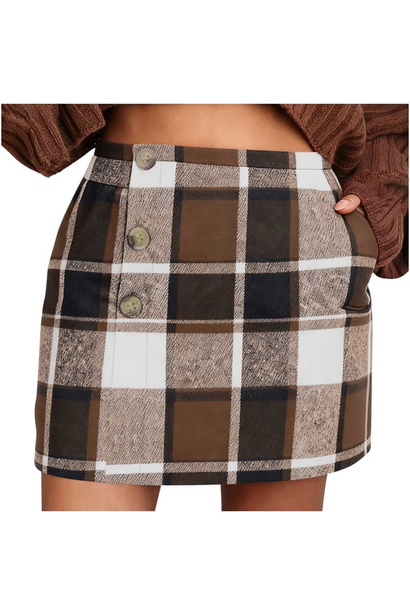 Plaid Skirts For Women Comfortable Elastic Waist Skirts Casual Elegant Button Down Skirts Warm Mini Pencil Skirts With Side Pockets