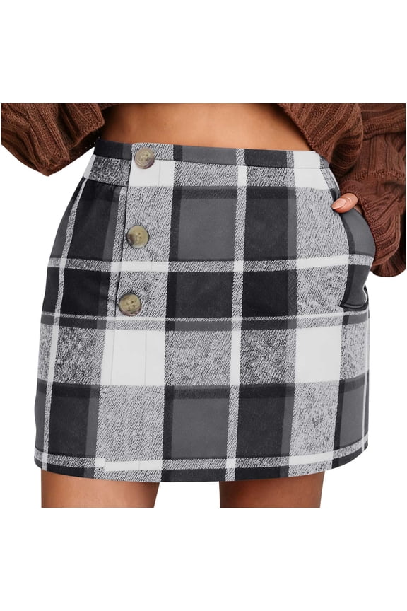 Plaid Skirts For Women Comfortable Elastic Waist Skirts Casual Elegant Button Down Skirts Warm Mini Pencil Skirts With Side Pockets