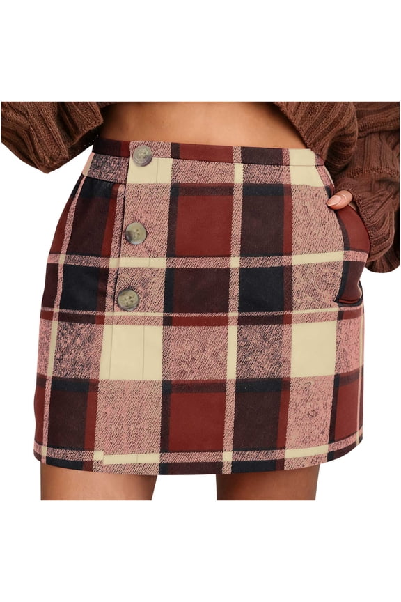 Plaid Skirts For Women Comfortable Elastic Waist Skirts Casual Elegant Button Down Skirts Warm Mini Pencil Skirts With Side Pockets