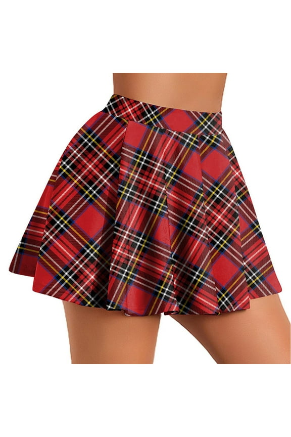 Pleated Plaid Skirts For Women High Waisted Print Skirts Casual Loose Role-Playing A Line Mini Skirts