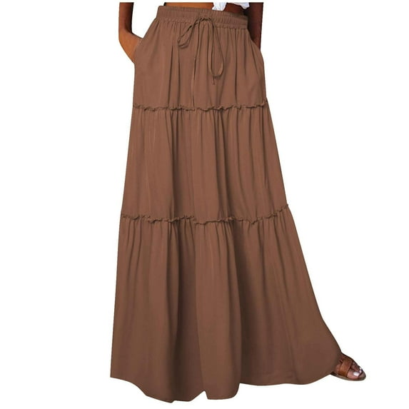 PUMISAS Pleated Skirts For Women Drawstring Elastic Waist Skirts Casual Loose Long Skirts Comfortable Solid Color Skirts With Pockets