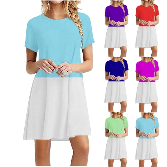 PUMISAS Short Sleeve Dresses For Women Casual Loose Crew Neck Dress Summer Elastic Waist Splice Color Dresses Cocktail-Length Dresses