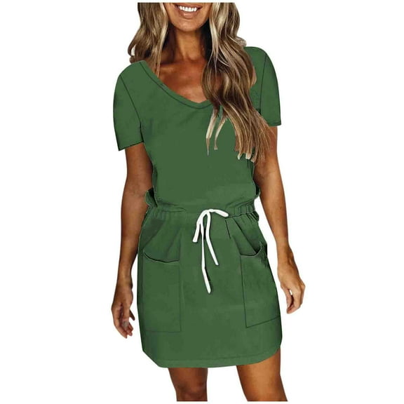 PUMISAS Short Sleeve Dresses For Women Casual Loose V-Neck Dress Solid Color Elastic Waist Drawstring Dresses Summer Mid-Length Dresses With Pockets