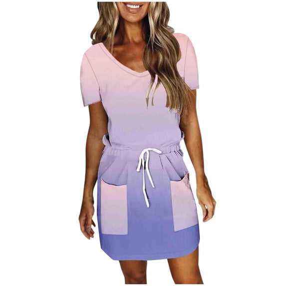 PUMISAS Short Sleeve Dresses For Women Casual Loose V-Neck Dress Splice Color Elastic Waist Drawstring Dresses Summer Mid-Length Dresses With Pockets