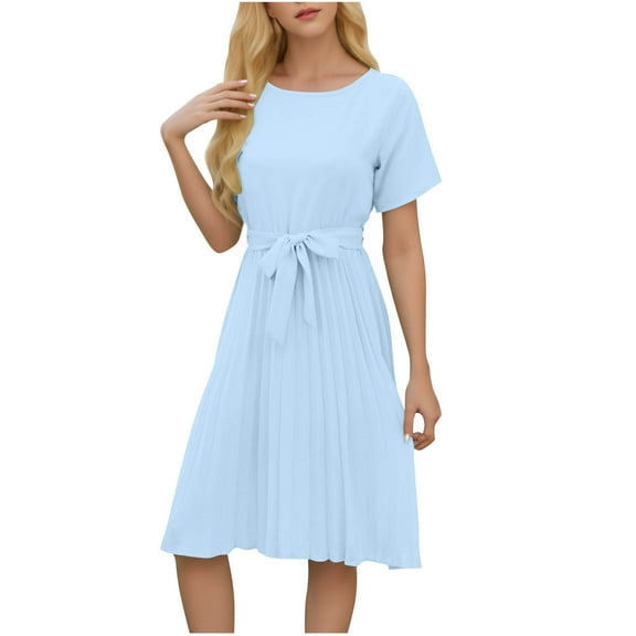 PUMISAS Short Sleeve Dresses For Women Pullover A-Line Dress Crew Neck Casual Loose Tunic Dresses Elastic Waist Mid-Length Pleated Dresses