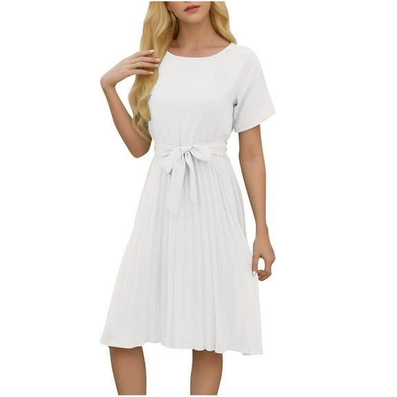 PUMISAS Short Sleeve Dresses For Women Pullover A-Line Dress Crew Neck Casual Loose Tunic Dresses Elastic Waist Mid-Length Pleated Dresses