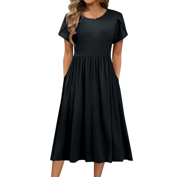 PUMISAS Short Sleeve Dresses For Women Pullover Tunic Dress Round Neck Casual Loose Tunic Dresses Elastic Waist Mid-Length Dresses With Pockets