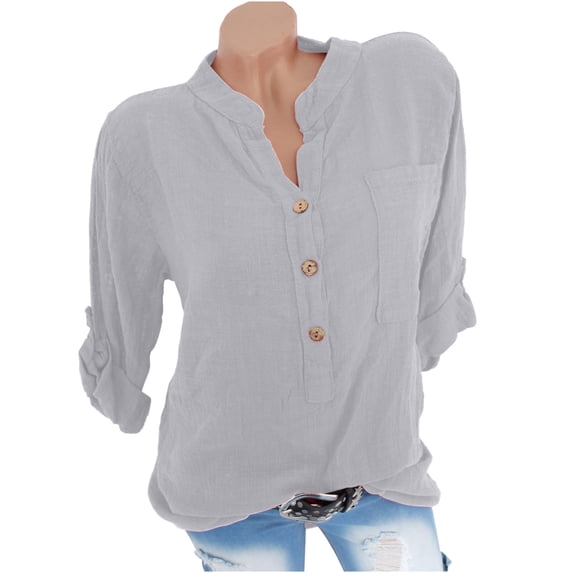 PADFRYBK Short Sleeve T-Shirt For Women Summer Button Pullover Solid Color Casual Tops V-Neck Loose Tunic Blouses With Pockets