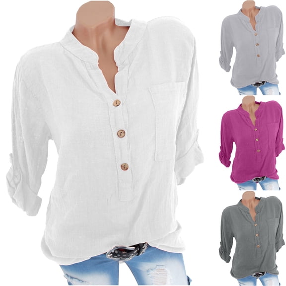 PUMISAS Short Sleeve T-Shirt For Women Summer Button Pullover Solid Color Casual Tops V-Neck Loose Tunic Blouses With Pockets