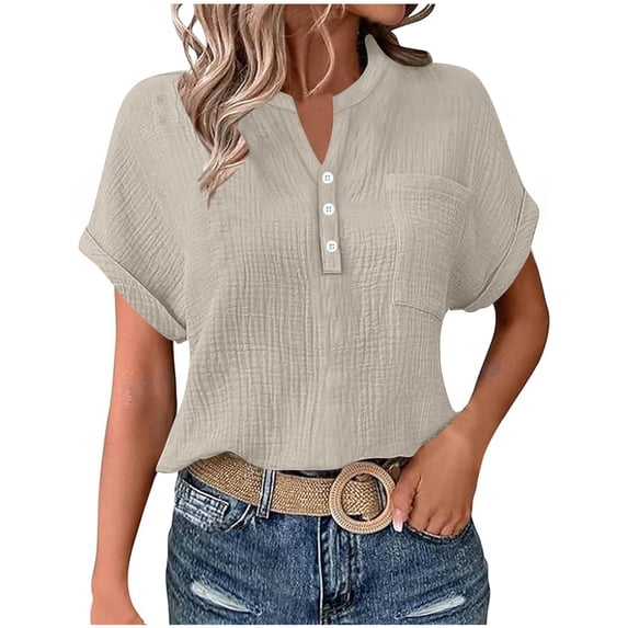 PADFRYBK Short Sleeve T-Shirt For Women Summer Button Pullover Solid Color Casual Tops V-Neck Tunic Loose Blouses With Pocket