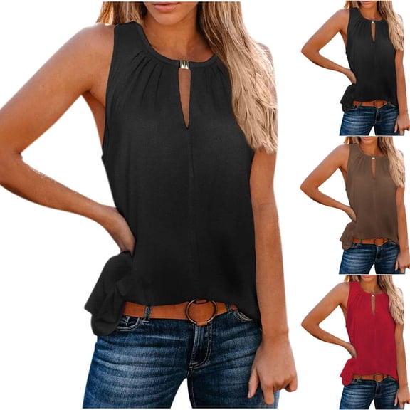 PUMISAS Sleeveless T-Shirt For Women Summer Pullover Casual Loose Solid Color Tops Crew Neck Casual Tunic Blouses