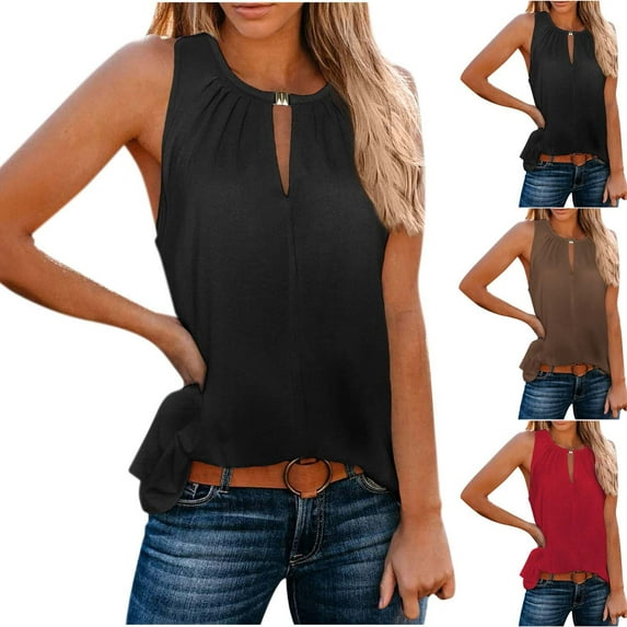 PUMISAS Sleeveless T-Shirt For Women Summer Pullover Casual Loose Solid Color Tops Crew Neck Casual Tunic Blouses