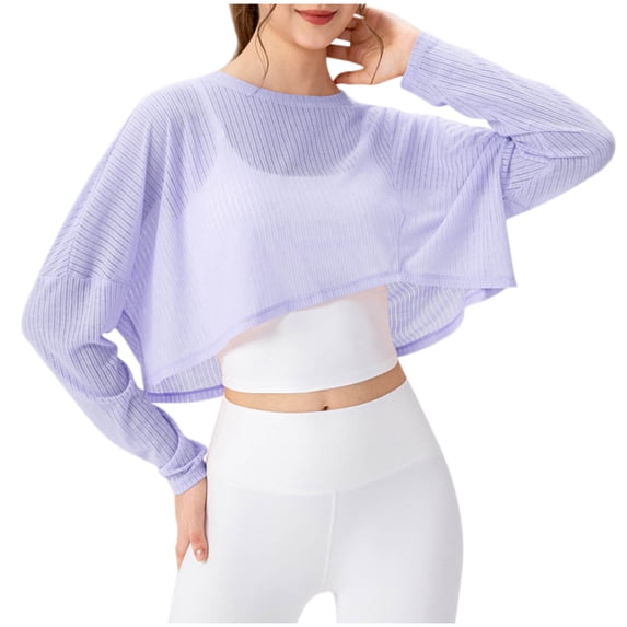 PUMISAS Sports Cover Ups For Women Crew Neck Yoga Cover Up Solid Color Long Length Top Hollowed Out Breathable Long Sleeve Cover Ups