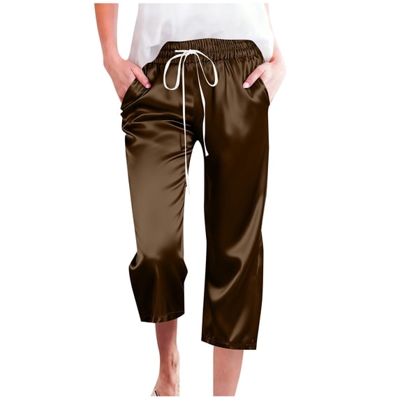 PUMISAS Straight Leg Pants For Women Drawstring Elastic And Adjustable Waistband Shorts High Waist Pants Solid Color Summer Casual Short Pants With Pockets