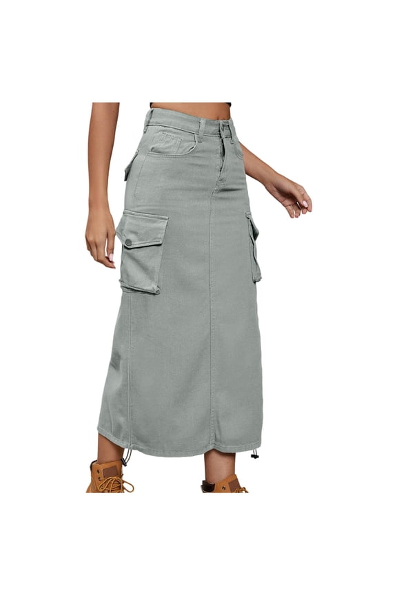 Summer Cargo Skirts For Women Solid Color Soft High Elastic Waist Skirts Casual Loose Mid-Length Jean Skirts With Side Pockets