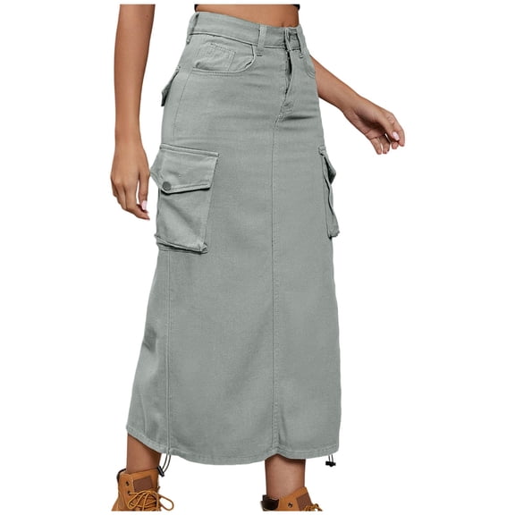 PUMISAS Summer Cargo Skirts For Women Solid Color Soft High Elastic Waist Skirts Casual Loose Mid-Length Jean Skirts With Side Pockets