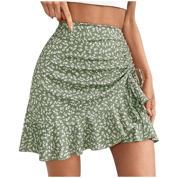 PUMISAS Summer Irregular Skirts For Women High Waisted Flowy Elastic Waist Printed Skirts Casual Loose Drawstring Skirts