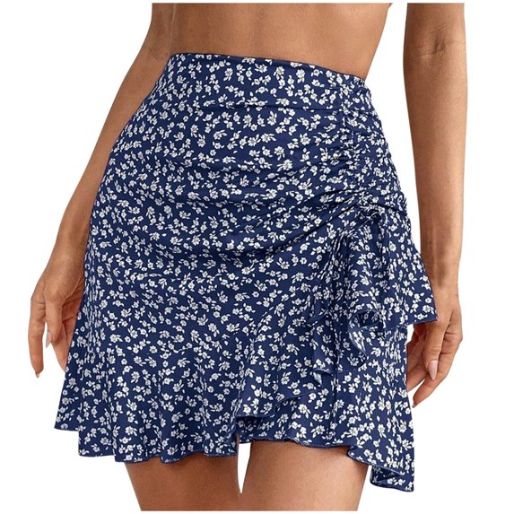PUMISAS Summer Irregular Skirts For Women High Waisted Flowy Elastic Waist Printed Skirts Casual Loose Drawstring Skirts