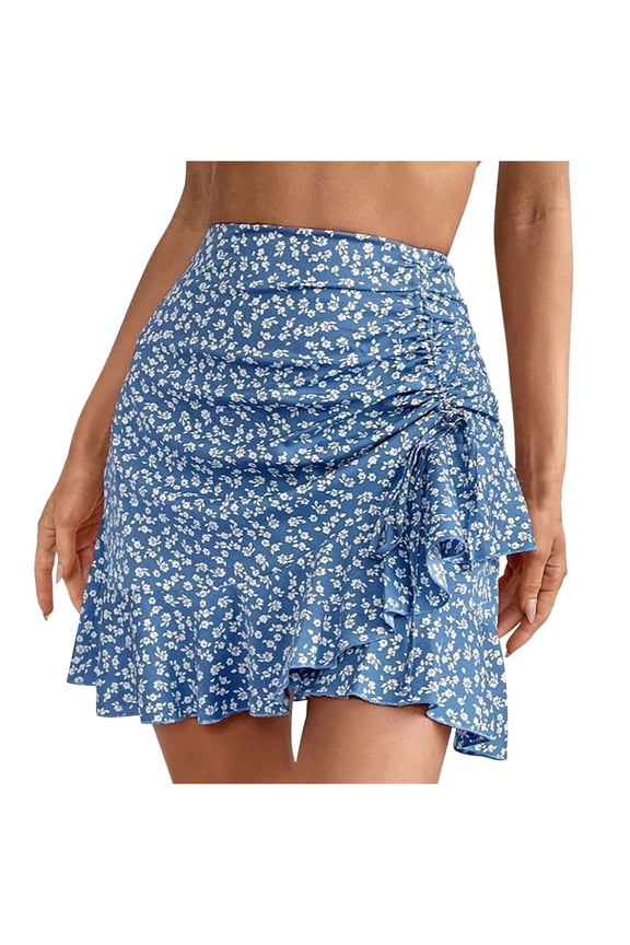 Summer Irregular Skirts For Women High Waisted Flowy Elastic Waist Printed Skirts Casual Loose Drawstring Skirts