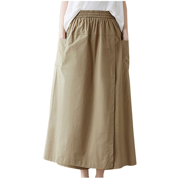 PUMISAS Summer Long Skirts For Women Soft Adjustable Drawstring Waist Skirts Solid Color Casual Loose Skirts With Side Pockets