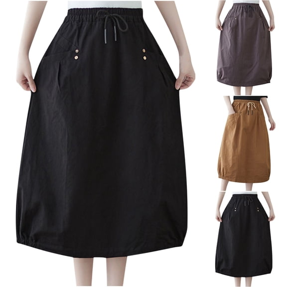PUMISAS Summer Mid-Length Skirts For Women High Waisted Drawstring Flowy Elastic Waist Skirts Casual Loose Skirts With Side Pockets
