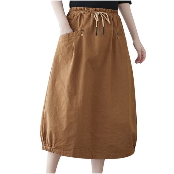 PUMISAS Summer Mid-Length Skirts For Women High Waisted Drawstring Flowy Elastic Waist Skirts Casual Loose Skirts With Side Pockets
