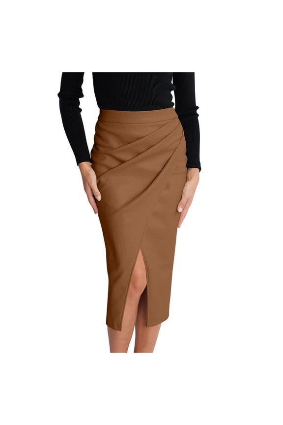 Summer Mid-Length Skirts For Women Soft Pleated Slit Skirts Solid Color Casual Wrap Hip Skirts