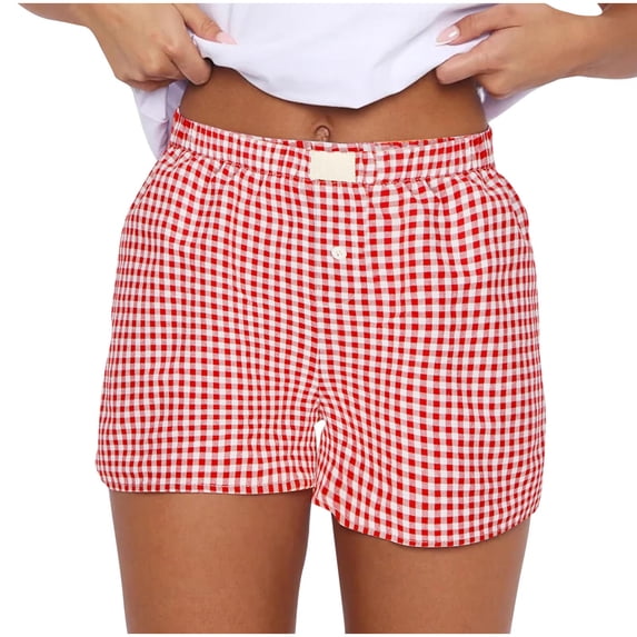 PUMISAS Summer Pants For Women Mid Waist Elastic And Adjustable Waistband Comfortable Shorts Casual Loose Print Plaid Sweatpants