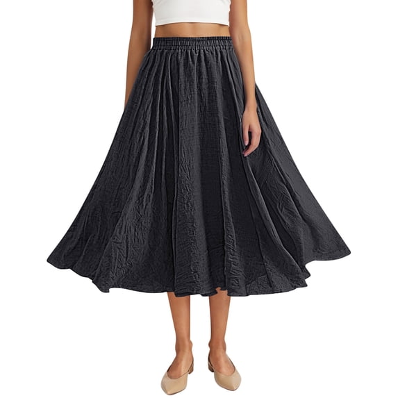 PUMISAS Summer Pleated Skirts For Women Comfortable Skirts Casual Loose Long Skirts Solid Color Elastic Waist Skirts