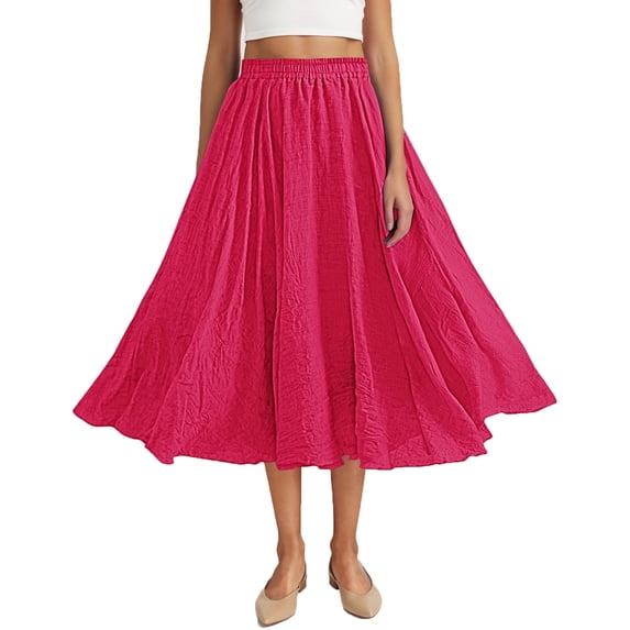 PUMISAS Summer Pleated Skirts For Women Comfortable Skirts Casual Loose Long Skirts Solid Color Elastic Waist Skirts
