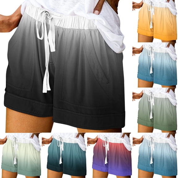 PUMISAS Summer Shorts For Women Elastic And Adjustable Waistband Shorts Comfortable Casual Loose Pants Gradient Color Drawstring Pants With Side Pockets