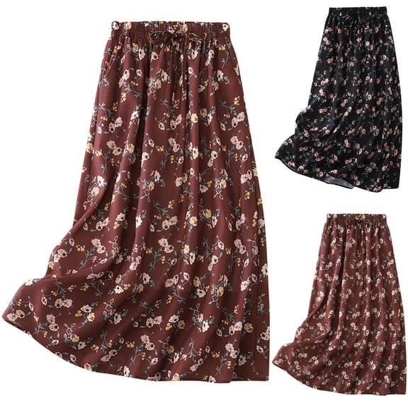 PUMISAS Summer Skirts For Women High Waisted Drawstring Elastic Waistband Skirts Casual Loose Long A-Line Printed Skirts