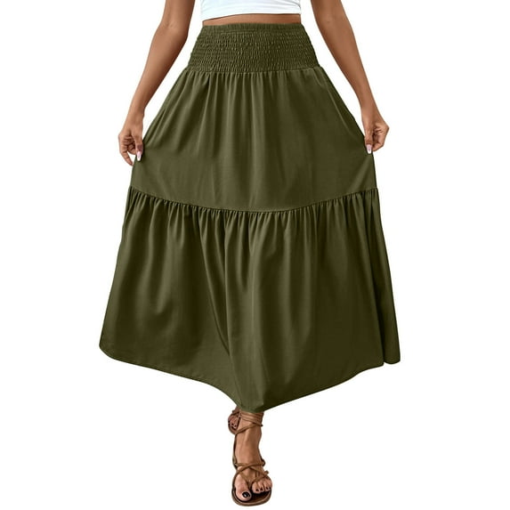 PUMISAS Summer Skirts For Women High Waisted Elastic Waistband Solid Color Skirts Casual Loose Long A-Line Skirts
