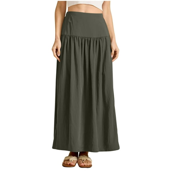 PUMISAS Summer Skirts For Women High Waisted Solid Color Elastic Waist Skirts Casual A-Line Long Skirts With Side Pockets