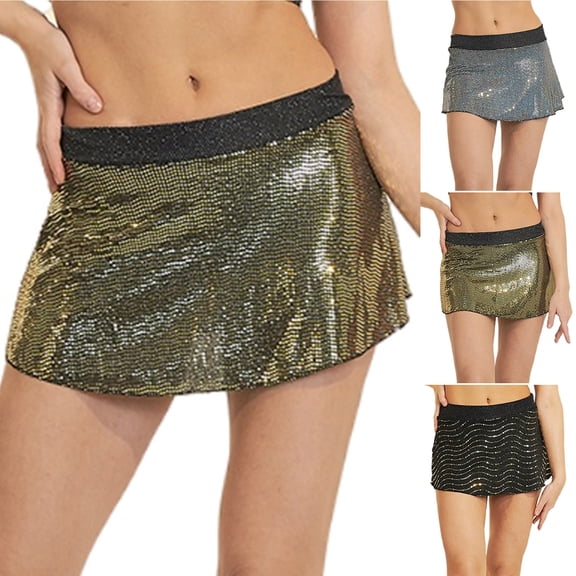 PUMISAS Summer Skirts For Women High Waisted Solid Color Sequins Elastic Waist Skirts Casual A-Line Mini Skirts