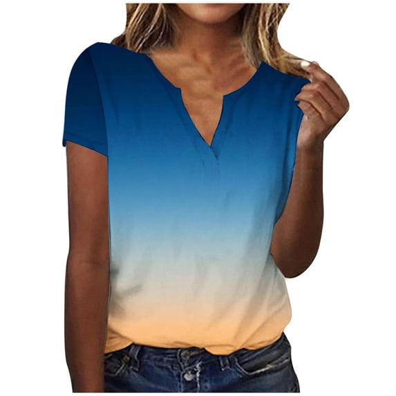 PADFRYBK Summer T-Shirt For Women Casual Loose Gradient Color Printed Tops V-Neck Loose Pullover Short Sleeve Loose Tunic Blouses