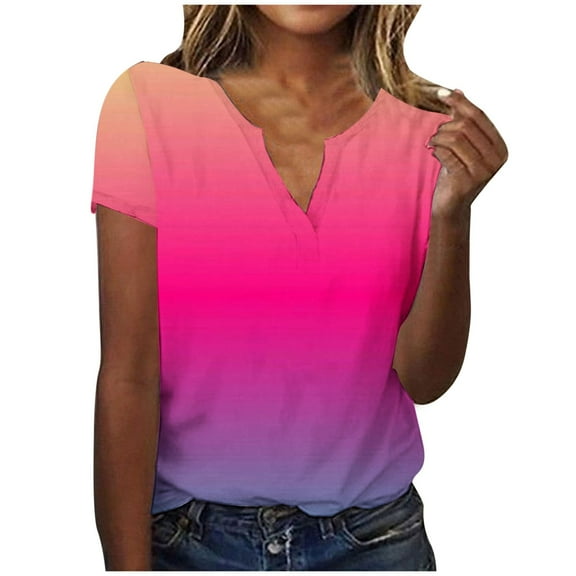 PUMISAS Summer T-Shirt For Women Casual Loose Gradient Color Printed Tops V-Neck Loose Pullover Short Sleeve Loose Tunic Blouses