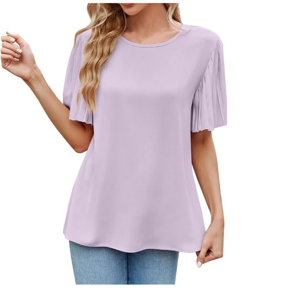 PADFRYBK Summer T-Shirt For Women Casual Solid Color Tops Short Sleeve Pullover Crew Neck Folding Sleeve Loose Casual Tunic Blouses