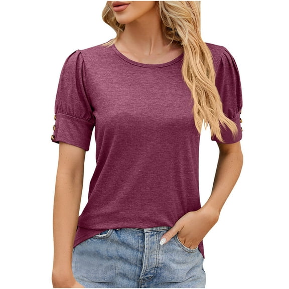 PUMISAS Summer T-Shirt For Women Solid Color Casual Pullover Short Sleeve Tops Round Neck Comfortable Loose Casual Tunic Blouses