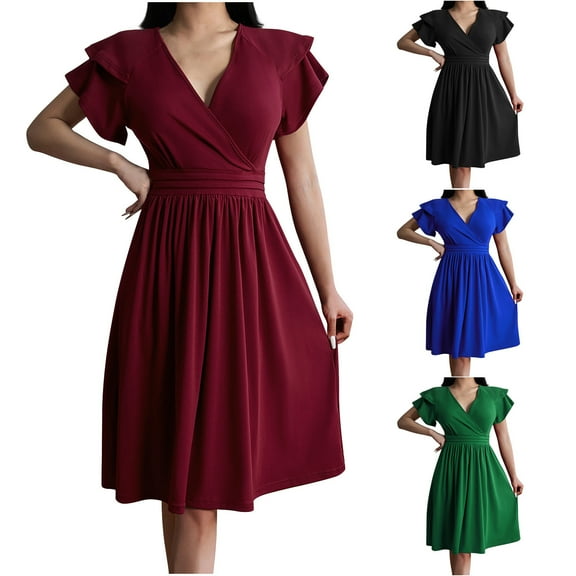 PUMISAS Summer Tunic Dresses For Women Short Sleeve Solid Color Dress Casual Loose V-Neck Elastic Waist Dresses Cocktail-Length Dresses