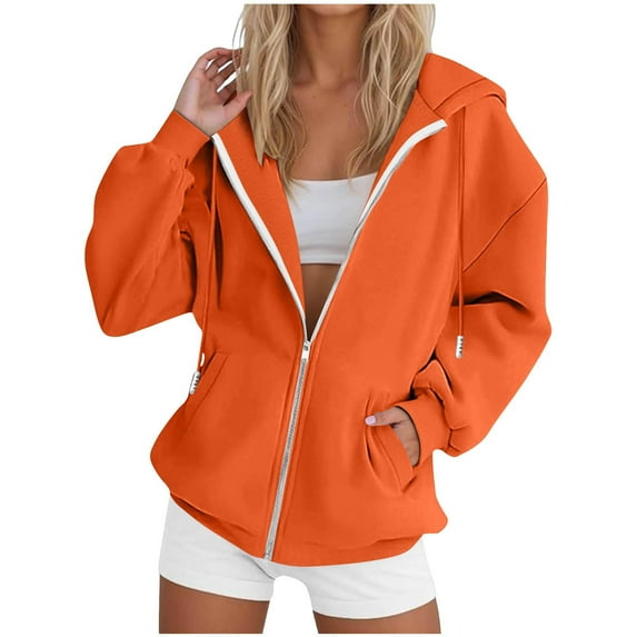 PADFRYBK Sweatshirts Jacket For Women Full Zip Up Casual Loose Long Sleeve Drawstring Jackets Fall Tunic Coats With Pockets