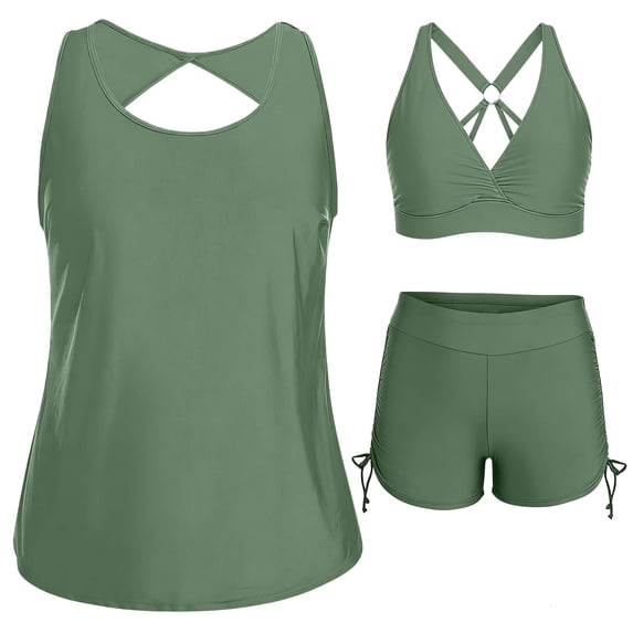 PUMISAS Tankini Swimsuit For Women Summer Bathing Suits With Padded Bra Swimwear Solid Color Tank Top With Shorts Drawstring Separate Tankinis Set