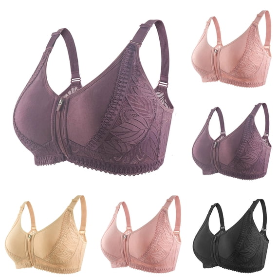 PUMISAS Zip Front Bra For Women Wirefree Breathable Front Closure Bra Oversized Lace Bras With Adjustable Straps