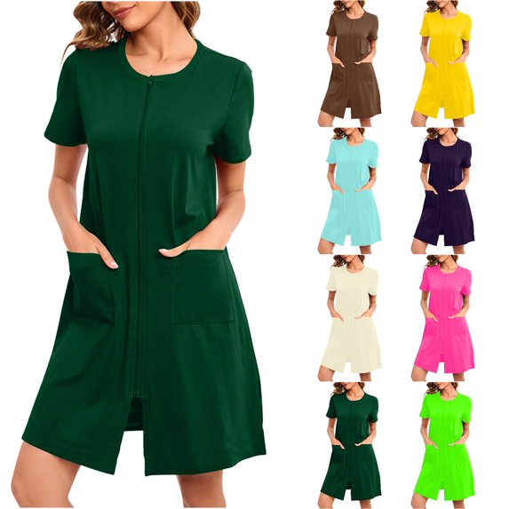 PUMISAS Zip Up Nightgown For Women Cocktail-Length Crew Neck Dresses Casual Loose Short Sleeve Dress Home Elastic Waist Dresses With Pockets
