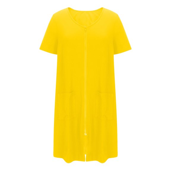 PUMISAS Zip Up Nightgown For Women Cocktail-Length Crew Neck Dresses Casual Loose Short Sleeve Dress Home Elastic Waist Dresses With Pockets