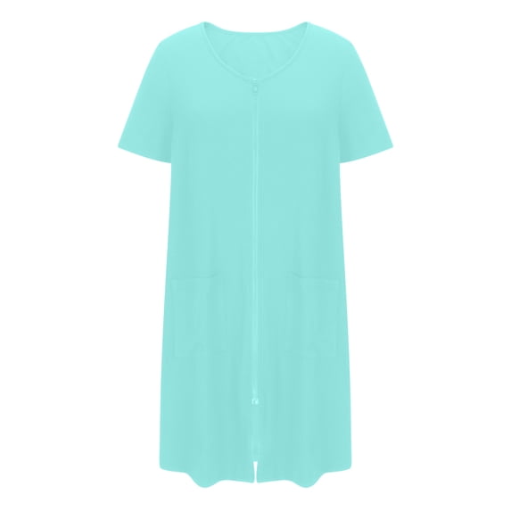 PUMISAS Zip Up Nightgown For Women Cocktail-Length Crew Neck Dresses Casual Loose Short Sleeve Dress Home Elastic Waist Dresses With Pockets