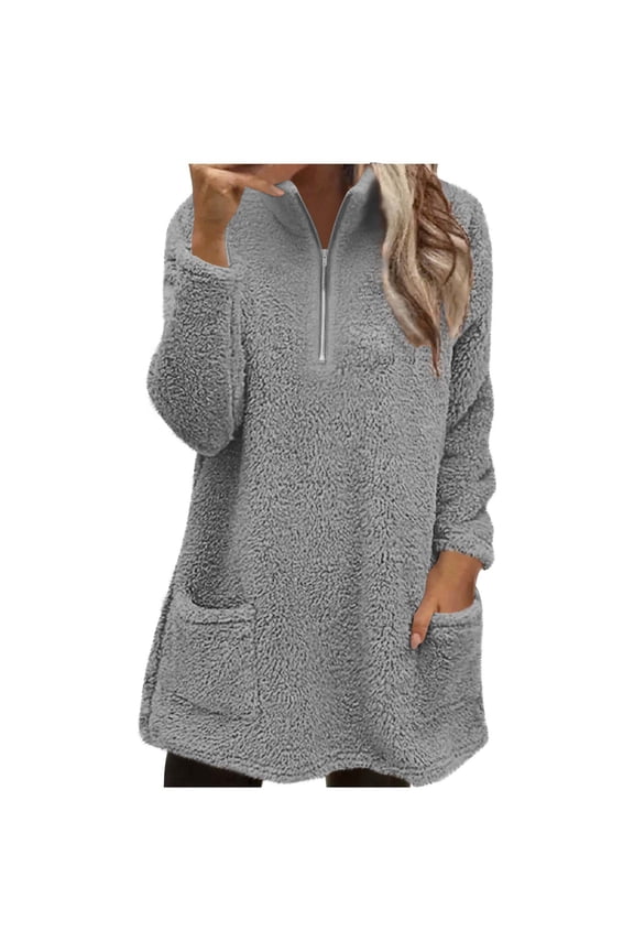 Sweatshirts For Womens V-Neck Casual Loose Shirt Long Sleeve Quarter Zipper Hoodless Half Zip Pullover Tops Fall Tunic Warm Blouses With Pockets