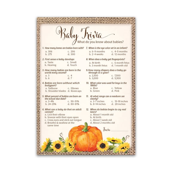 PUMPKIN Baby Shower Game, Pumpkins BABY TRIVIA Game  Pack of 25  FALL Baby Shower, Rustic GENDER NEUTRAL Baby Shower Games, Little Pumpkin Autumn Fall Baby Halloween baby party games SKU G331-TRV