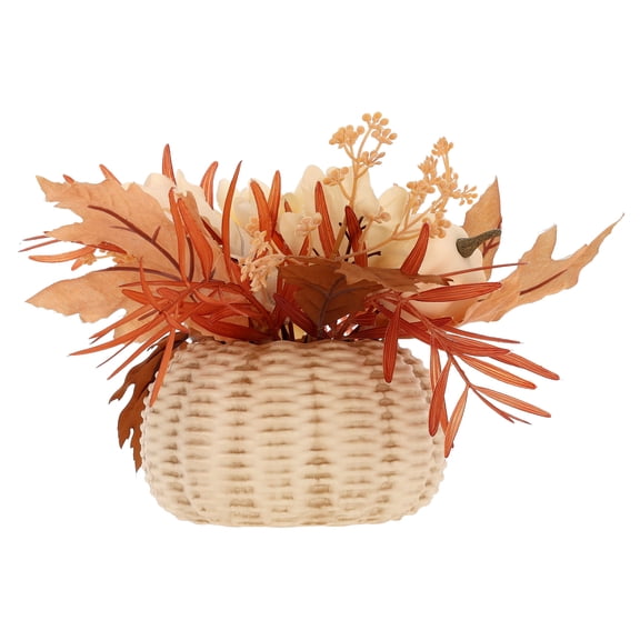 Artificial Floral Arrangement in Pumpkin-Shaped Woven Basket, Cream and Brown, 9", Fall by Way To Celebrate